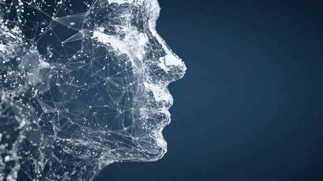 A humanoid robot head. Close-up of an abstract AI human face sideways.