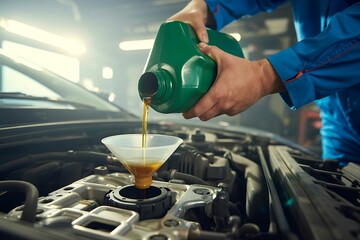 Close up of a mechanic wearing blue overalls pouring fresh engine oil into a car s engine using a funnel during a routine maintenance service