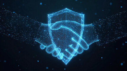 Safe deal concept in futuristic low poly wireframe style. Abstract digital handshake on knight shield technology background.