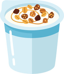 A light blue yogurt cup with granola and fruit toppings, ready to eat.