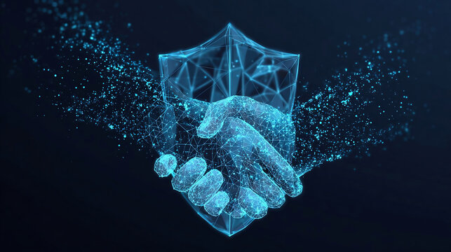 Safe deal concept in futuristic low poly wireframe style. Abstract digital handshake on knight shield technology background.