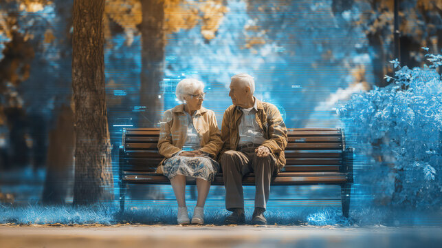 Elderly couple sitting on park bench surrounded by augmented reality health data visualization, symbolizing aging care and medical technology concept