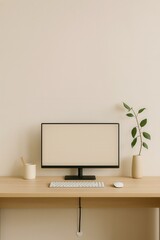 Minimal beige desk setup with monitor and cable management