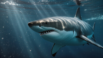 Fototapeta premium Majestic Great White Shark Portrait Swimming Underwater in Ocean Sunlight