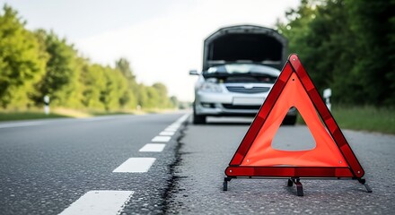 Red reflective warning triangle placed on the side of a road next to a car with its hood open indicating a breakdown