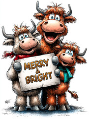 Illustration of Animated highland cows family celebrating with a sign saying Merry and Bright. As Christmas greeting card, print, T-shirt design  