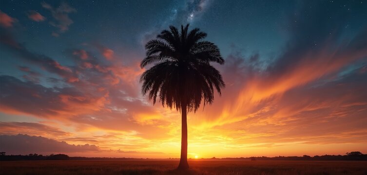 Sabal palm tree stands alone in a field at sunset. Palm silhouette against a vibrant orange and blue sky with stars and clouds. Dramatic tropical landscape with a lone tree in the foreground.