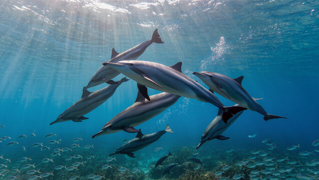 Underwater Shot of a Pod of Dolphins Swimming in the Ocean