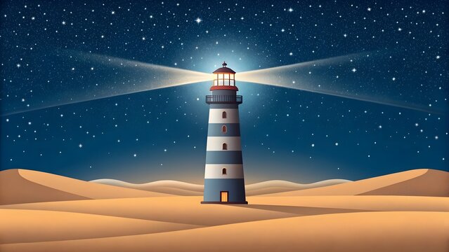 Illuminating lighthouse beams shine through desert dunes under starry night sky