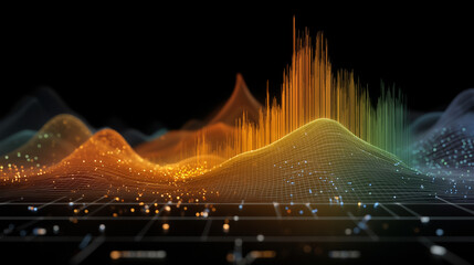 Data visualization: Abstract digital art showcasing intricate data visualization, with a gradient color palette of oranges, yellows, greens and blues.