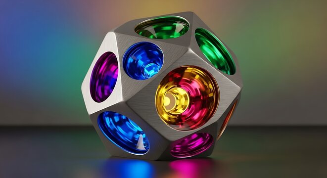 Futuristic metallic dodecahedron with colorful reflective surfaces on a gradient background.