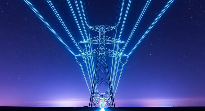 Illuminated high voltage electricity pylon structure with glowing blue light trails against a dark starry night sky