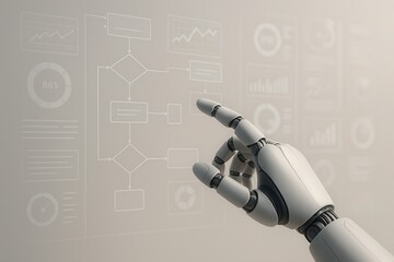 Robot hand with digital hud icons representing ai automation