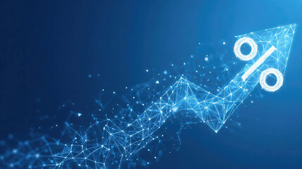 Abstract digital arrow up and percent polygonal symbols on technology blue background. The growth arrow consists of polygons, lines, and connected dots