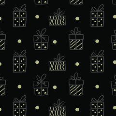Seamless pattern different New Year, birthday gifts. Stars, dots. Wrapping paper pattern, bows and ribbons. Hand drawn Doodle New Year or Birthday gift boxes. Vector illustration. 