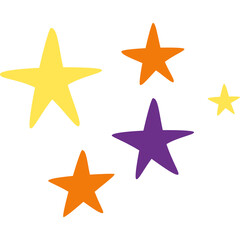 Scattered Five Pointed Stars in Yellow Orange and Purple on a Transparent Background with One Small Star