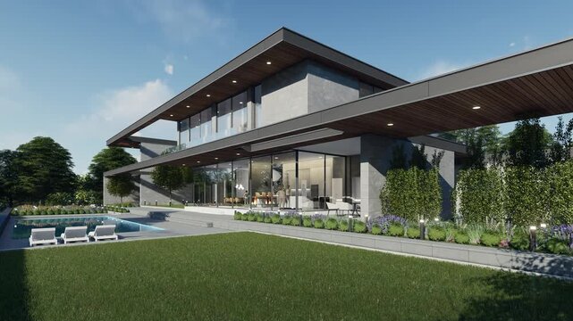 4K 3D Rendering Animation of a Modern Luxury House Exterior with Swimming Pool, natural landscape, daytime