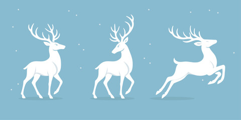 Set of White Christmas Reindeer Silhouettes in Different Poses on Snowy Light Blue Background