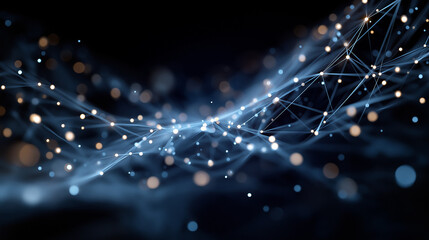 Digital Web of Connectivity: The image shows a complex network of interconnected nodes and lines against a dark background, evoking the abstract concept of digital data flow and global connection.