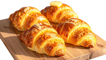Four glossy, freshly baked croissants sit upon a wooden serving board, some topped with butter, against a dark background