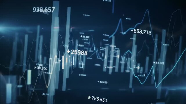 Abstract financial data visualization with glowing lines and bars representing market trends and economic growth - Powered by Adobe