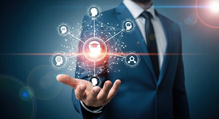 Technology for knowledge management and education Businessperson holding network structure and head icons cognition,management,business,intelligence,intellectual,education,sharing,technology,transfer,