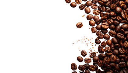 Roasted coffee beans cascade against a black background, creating a textured gradient