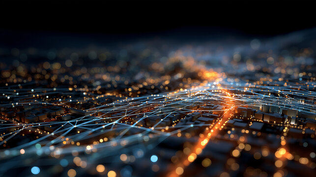 Digital Network: An artistic depiction of a digital network. It's a symphony of data, connections, and glowing nodes, illustrating the core structure of the digital world.