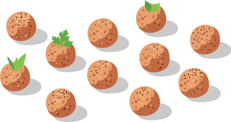 An overhead view of ten delicious-looking, round, brown falafel or meatballs, some garnished with fresh green herbs, casting shadows on a white surface.