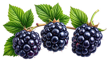 Three glossy, dark blackberries hang from a brown stem with vibrant green leaves against a transparent backdrop