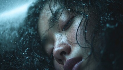 Close-up of a persons face, emotional portrait, dark and moody, underwater aesthetic, rain drops.