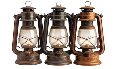 Three vintage lanterns, aged with visible wear, evenly lit on a black backdrop showcasing their rustic charm