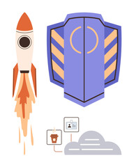 Fototapeta premium Rocket launching beside a shield, cloud, and linked documents. Ideal for innovation, protection, data storage, technology, cybersecurity space exploration and teamwork. Simple flat metaphor