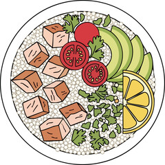 A colorful and healthy poke bowl with quinoa, chicken, avocado, tomatoes, and lemon.