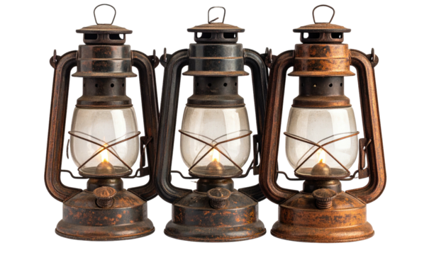 Three vintage lanterns, aged with visible wear, evenly lit on a black backdrop showcasing their rustic charm