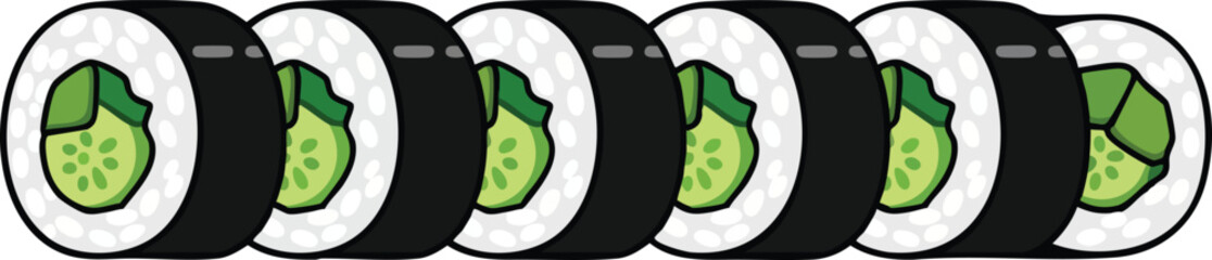 A row of seven cartoon-style sushi rolls with cucumber filling, presented on a white background.