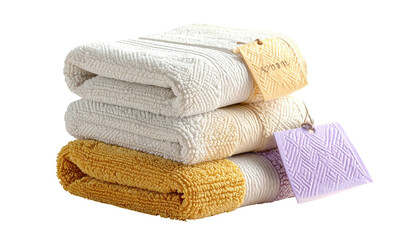 Neatly stacked towels, off-white, beige, gold, adorned with textured paper tags, offering a glimpse of soft luxury