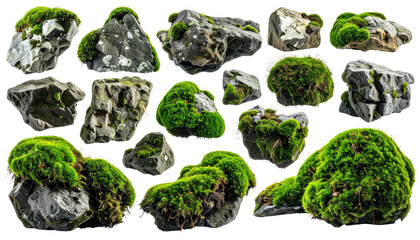 Collection of gray rocks covered in vibrant green moss, isolated on a transparent background