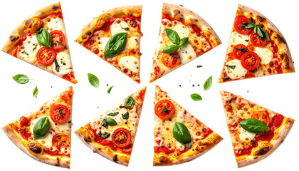 Sliced pizza eight delicious wedges, topped with mozzarella, tomatoes, and basil, arranged in a circular pattern
