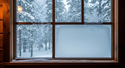 Winter Window View with Frost and Snow