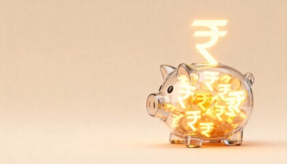 Glass Piggy Bank Filled with Glowing Indian Rupee Coins for Savings