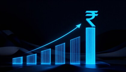 Indian Rupee Symbol on a Glowing Blue Financial Bar Chart of Growth