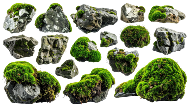 Collection of gray rocks covered in vibrant green moss, isolated on a transparent background