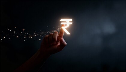 Hand Touching Illuminated Indian Rupee Symbol with Magic Dust Effect