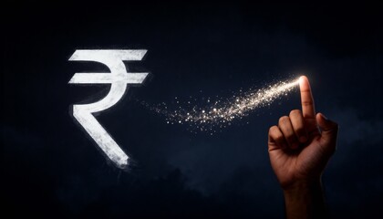 Hand Touching Glowing Indian Rupee Symbol with Sparkling Trail