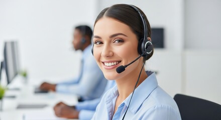 A call center representative wearing a headset, smiling while providing friendly customer support, positive and welcoming facial expression, professional workplace setting, smooth soft-focus backgroun