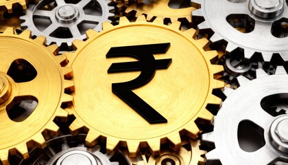 Golden Indian Rupee Symbol on Interlocking Gear Wheels Closeup