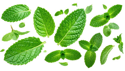 Vivid green mint leaves scattered against a stark black background, emphasizing their freshness and textured details