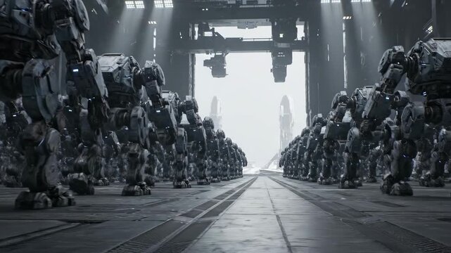 An army of giant battle robots prepared for war inside a futuristic hangar, a conceptual vision of machine power and advanced technology