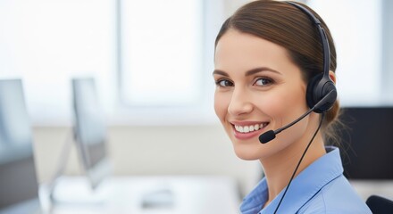 A call center representative wearing a headset, smiling while providing friendly customer support, positive and welcoming facial expression, professional workplace setting, smooth soft-focus backgroun